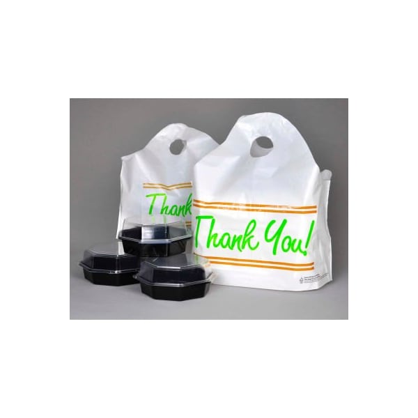 Lk Packaging Printed "Thank You" Take Out Bag W/ Bell Top Handle, 16-1/2"W x 14"L, 1.25 Mil, White, 500/Pack TO165146TY - main